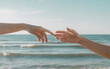 © Ice Cream Paradise - Seaside Background: Two hands reaching out with fingers nearly touching, against a background of a calm, blue sea under a clear sky