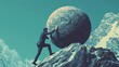 © Barosanu - A well-dressed individual pushes a massive boulder upward on a snowy, rugged incline, symbolizing resilience and determination within a scenic winter landscape.