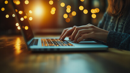 Wall Mural - a woman is typing on a laptop computer. the image has a warm, cozy feeling, as if the woman is worki