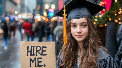 A young graduate in a cap and gown holds a cardboard sign reading 'HIRE ME' on a busy city street, highlighting the job search journey after graduation.