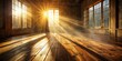 © Urenus Photos - Golden Light Beams Pour Through Windows Illuminating Empty Wooden Floor of a Spacious Room