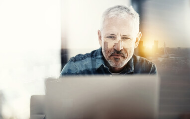 Wall Mural - Double exposure, thinking and man with laptop, business and research for industrial development. Mature person, architecture and entrepreneur with pc, overlay and solution with online reading or idea