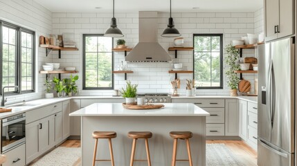 Wall Mural - Modern Kitchen with White Cabinets and Farmhouse Elements