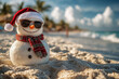 © Tetiana - Image of funny snowman standing on the sandy beach tropical climate ai generative