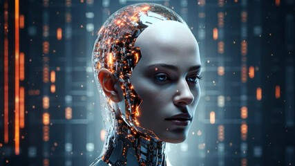 Aufkleber - Cybernetic Evolution: A mesmerizing digital portrait of a female android, her face a blend of human features and glowing circuitry, suggesting a future where technology and humanity intertwine. 