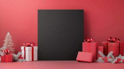 Wall Mural - Santa claus holds a blank chalkboard surrounded by christmas gifts