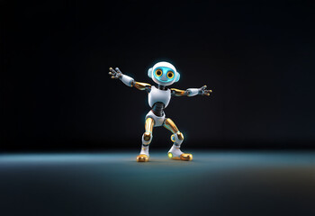 A small, white and gold robot with glowing blue eyes dances on a dark stage.