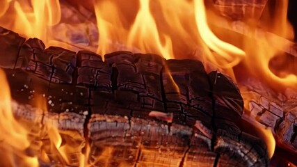 Aufkleber - Fiery Embers: A close-up view of burning wood in a fireplace, the flames dancing and licking at the charred logs, a mesmerizing display of nature's raw power. 