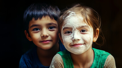 Close-up of children adorned with traditional white mud face paint, showcasing tribal artistry and cultural expression, highlighting heritage, identity, and youthful creativity against a dramatic dark