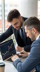 Two busy business men investors doing financial trading market data analysis. Male advisor and analyst consulting about stock exchange investing pointing at chart on laptop computer working in office.