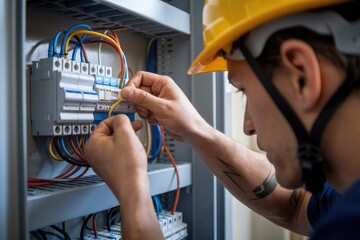 Poster - Electrician connecting wires in electrical cabinet wearing hardhat