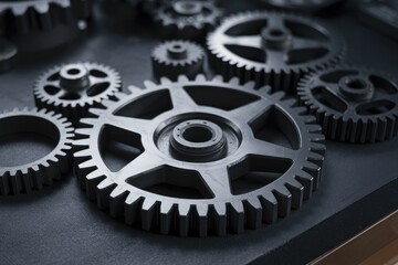 Aufkleber - Interlocking metal gears working together on dark background