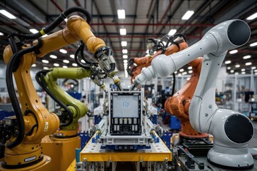 Fototapete - Robotic arms working on assembly line in modern factory