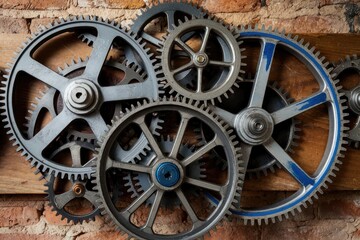 Poster - Interlocking industrial gears rotating on brick wall