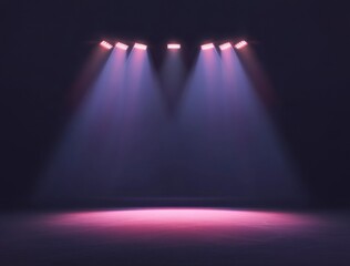 Fototapete - empty stage with a spotlight, pink and violet lighting, a dark background, and a foggy atmosphere