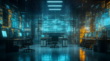 3D Illustration - Futuristic Tech Office with Coding Displays