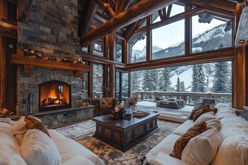 Sticker - Cozy living room with fireplace overlooking snowy mountain view in log cabin