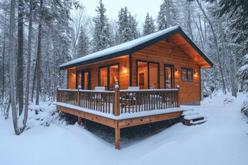 Wall Mural - Cozy wooden cabin glowing in snowy winter wonderland