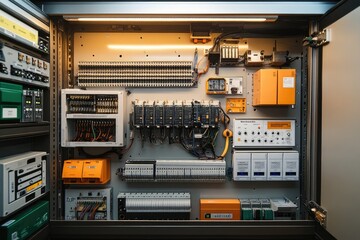 Poster - Open electrical cabinet exposing complex wiring and components