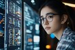 © Odin AI - A young analyst wearing glasses focuses on several high-tech screens displaying intricate data and graphs, embodying technology-driven inspection and curiosity.