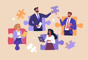 Business Teamwork Concept. Vector illustration in flat style of a group of diverse people in business suits putting together pieces of a puzzle. Isolated on background