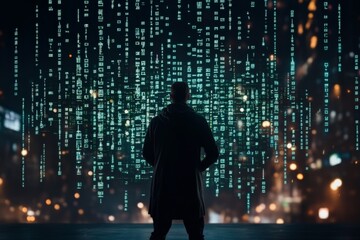 A silhouette of a person stands before a digital backdrop of cascading code lines, representing the expanding virtual world and anonymous exploration of cyberspace.