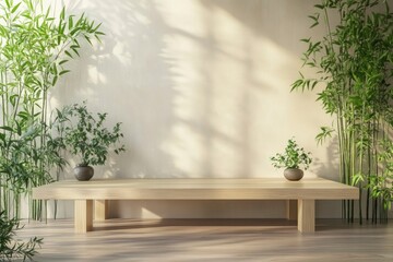 Wall Mural - 3D render background for natural beauty health products overlay display template. Blank empty oak wood table with green bamboo plants, Beige wall. Podium, with generative ai