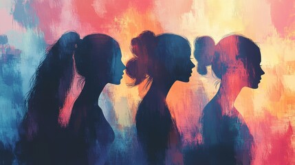 Silhouette of three women with different hairstyles against a vibrant watercolor background, creating a dreamlike mood.