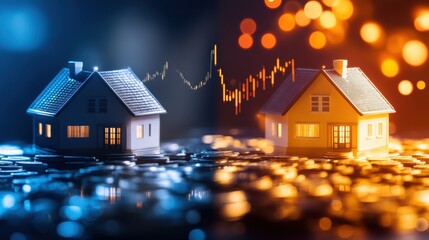 Wall Mural - Two miniature illuminated model houses reflecting on a shimmering financial market chart symbolizing the growth and investment potential of the real estate industry  The vibrant