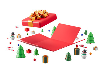 Wall Mural - Red gift box and holiday elements like trees and snowmen on a white background. Perfect for Christmas or New Year themes. 3D Rendering