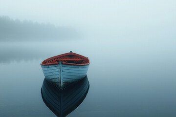 Canvas Print - Lonely boat on a misty lake at dawn with serene reflections