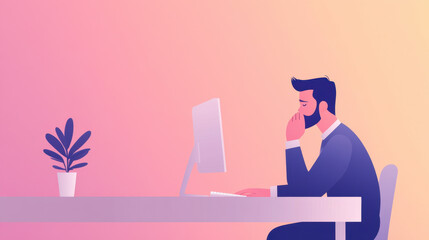 Wall Mural - A thoughtful man in a suit sits at a desk with a computer, contemplating, against a soft gradient background.