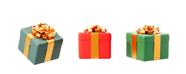 Three gift boxes with golden ribbons on a clean white background. Concept of Christmas and celebration. 3D Rendering