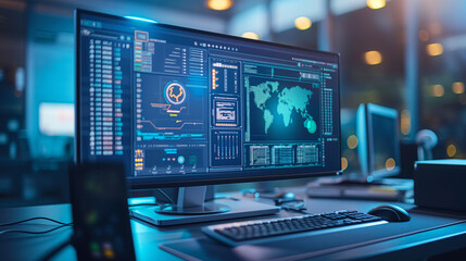 Wall Mural - desktop computer displaying futuristic cybersecurity interface, with glowing holographic elements an