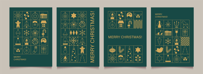 Wall Mural - Merry Christmas and Happy New Year collection of greeting cards, posters, holiday backgrounds. Minimalist golden geometric elements on dark green. Modern Xmas party invitation. Vector illustration.