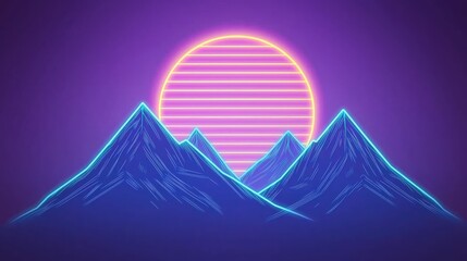 A vibrant retro landscape featuring neon mountains against a purple sky