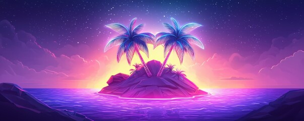 A vibrant, digital artwork depicting a tropical island with two palm trees