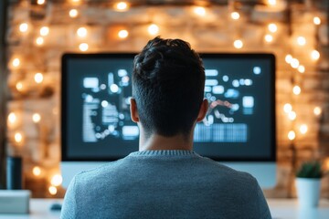 A person is seated in front of a large computer screen displaying various data, with soft-focus festive lights in the background, suggesting work-life balance and innovation.