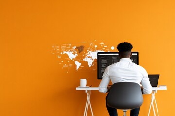 a focused individual works on programming at a desk, facing dual monitors displaying a global networ