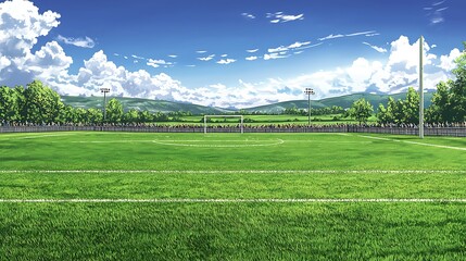 Sticker - Animated Scene of a Soccer Field with Spectators and Blue Sky.