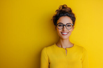 Wall Mural - A woman wearing glasses and a yellow shirt is smiling at the camera