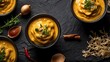 © Designpro - Creamy yellow mustard sauce dip, yummy luscious flavour condiment on bowl, top view black background