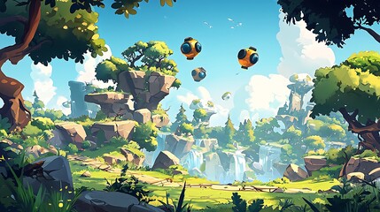 Fantasy Landscape with Flying Spheres and Waterfall.