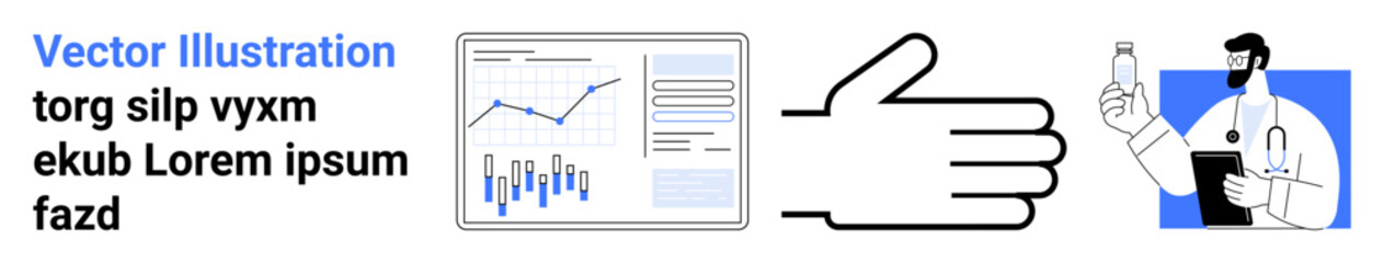 Business analytics chart, thumbs up gesture, and healthcare professional holding a medicine bottle. Ideal for business success, approval, healthcare, data analysis, medical professionals, medication