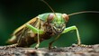 © Natalia - Close-up macro photograph of a green grasshopper perched on a textured surface with blurred dark green background, showcasing detailed eyes, antennae, and legs.
