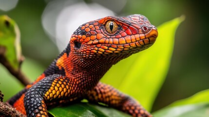 Wall Mural - Close-up Portrait of a Vibrant  Orange and Black Lizard