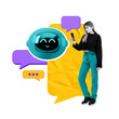 © ImageFlow - Woman using a mobile phone while interacting with a chatbot, colorful speech bubbles on a white background, concept of AI assistance in communication