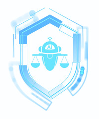 A blue AI robot holding scales of justice inside a futuristic shield on a transparent background. Concept of AI integration in legal tech and law enforcement
