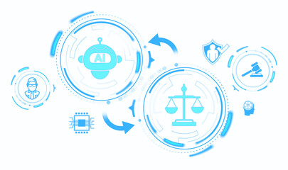 AI and law icons in a tech style on a white background. Concept of integrating artificial intelligence with legal systems and technology