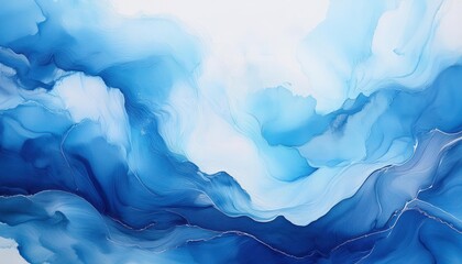 Poster - Serene Ocean Inspired Abstract Fluid Art in Shades of Blue and White. Flowing Watercolor Texture with Gentle Waves and Swirling Patterns, Perfect for Interior Wall Art, Website Background